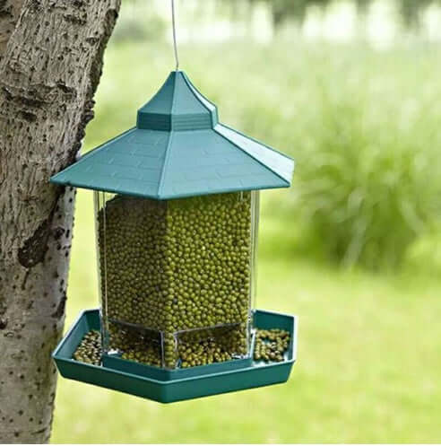 Boîte à nourriture pour oiseaux étanche suspendue à un arbre, idéale pour attirer les oiseaux dans le jardin.