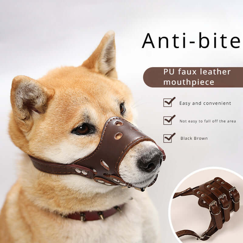 Muselière anti-aboiement en cuir PU pour chiens, couleur marron, idéale pour limiter les morsures et réduire les aboiements.