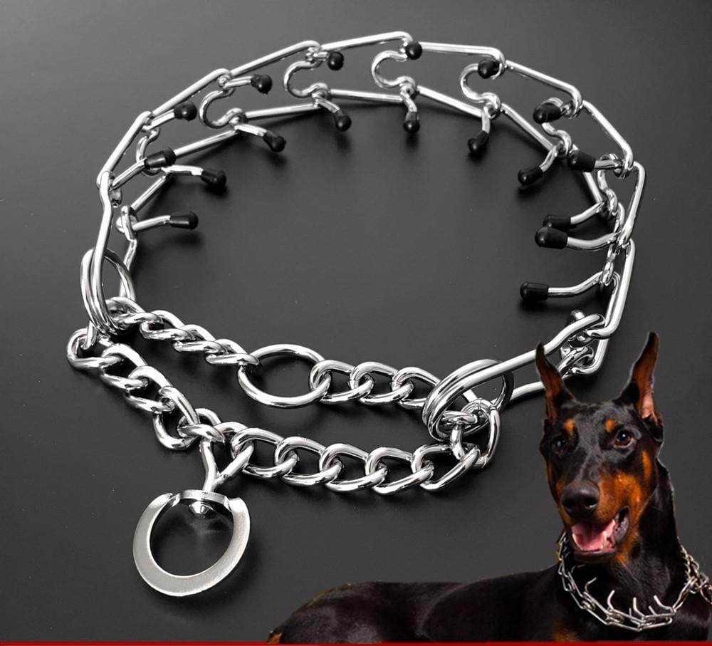 Collier de dressage en acier chromé pour chien avec points en caoutchouc, idéal pour l'entraînement.