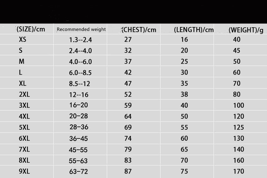 Size chart for dog sweaters showing sizes XS to 9XL with chest and length measurements.