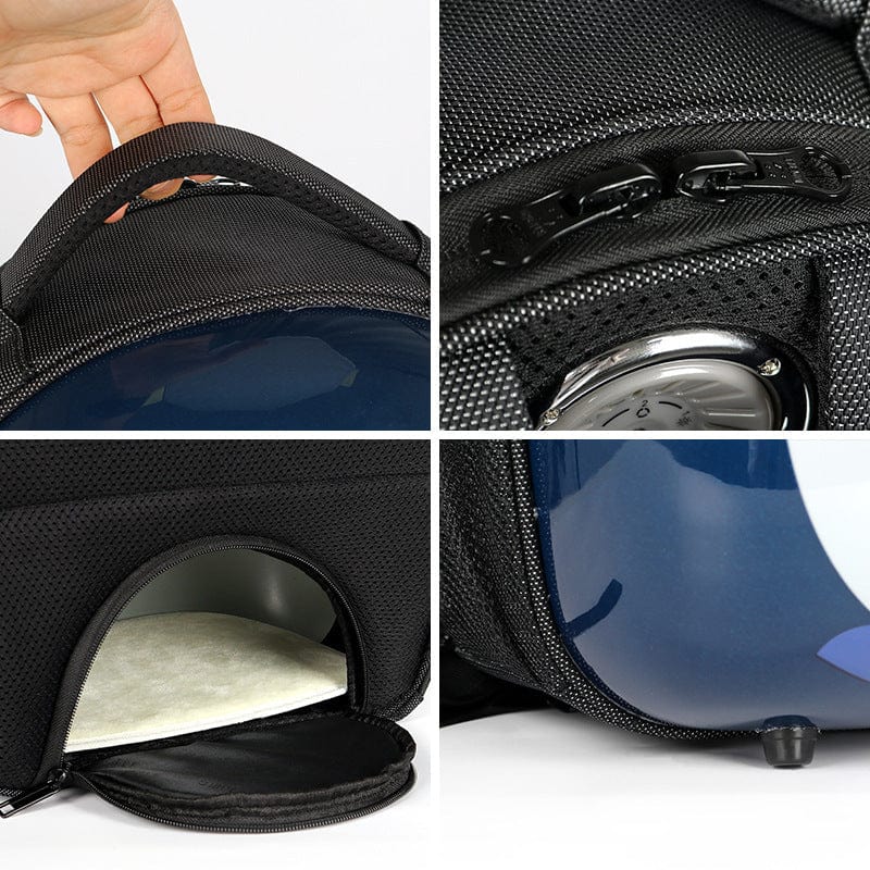 Détails du sac à dos transparent pour chat avec contrôle de température et accès sécurisé.