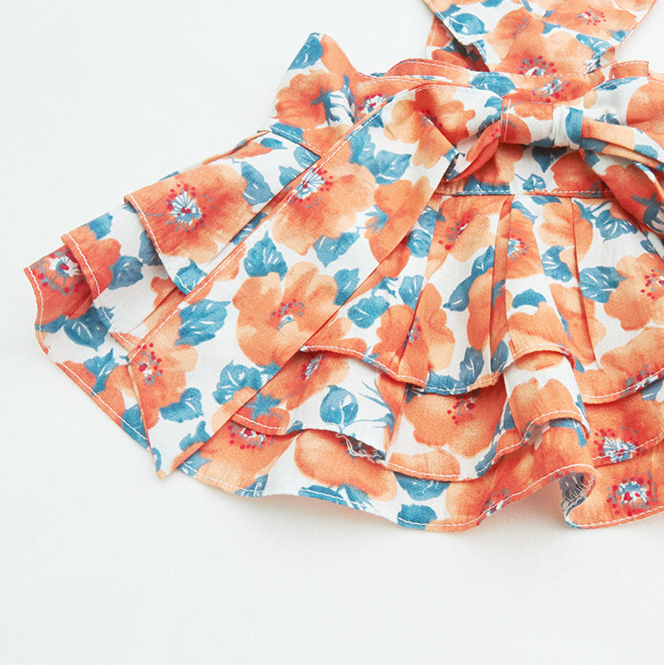 Jupe élégante en coton imprimé floral pour chiens et chats, coloris orange et bleu, style princesse.