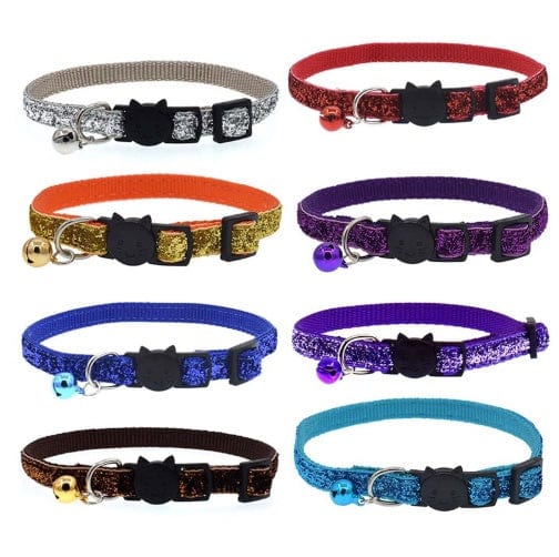 Colorful cat collars with bells in various glittery colors for pets, adjustable and comfortable.