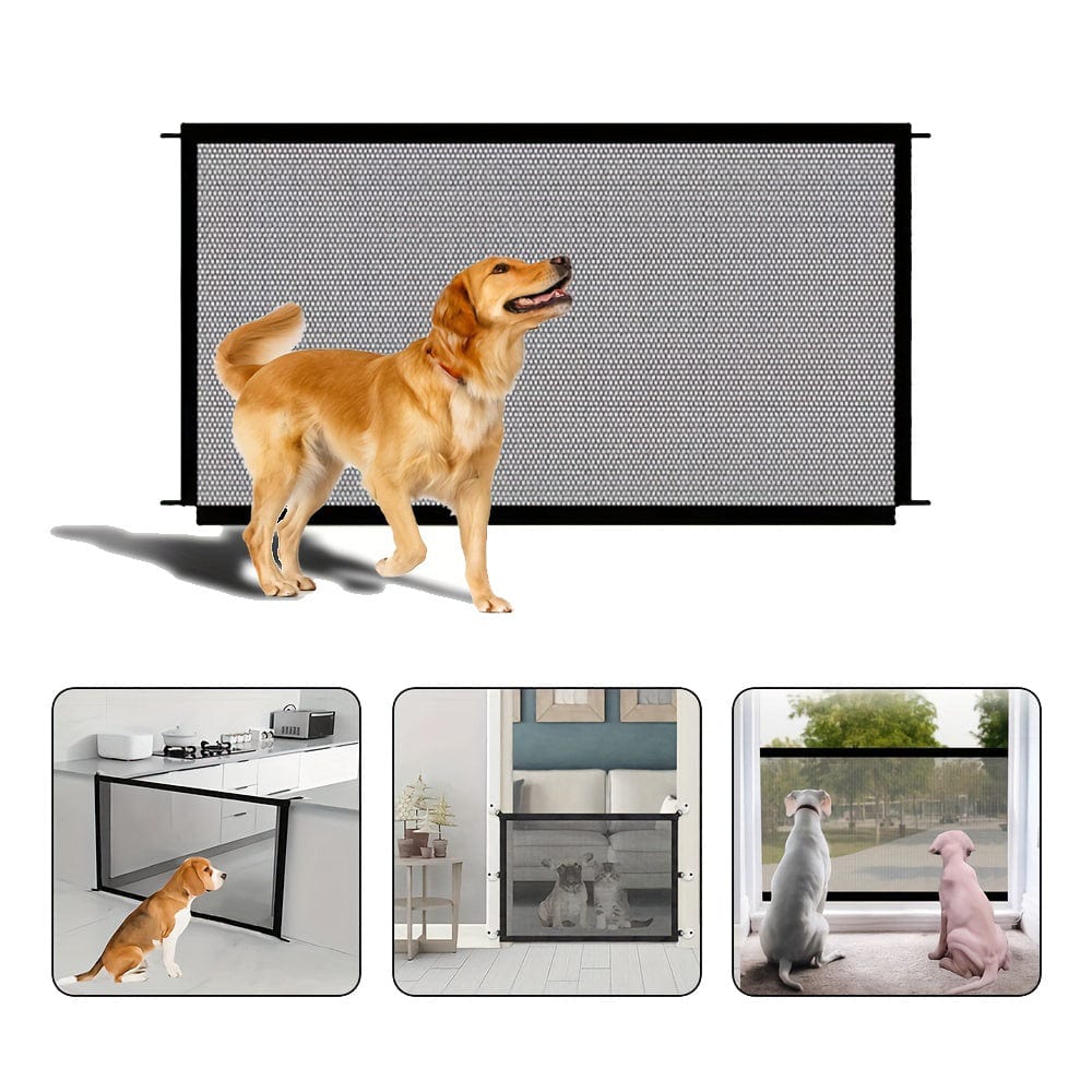 Clôture pour chien pliable en filet avec un golden retriever devant, montrant sécurité et polyvalence pour animaux.