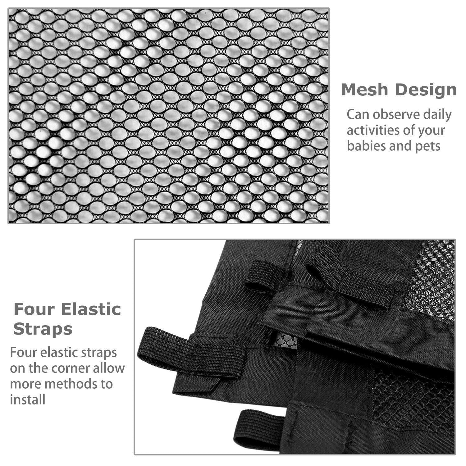Détails de la barrière de sécurité portable : design en maille pour la visibilité et sangles élastiques pour installation facile.