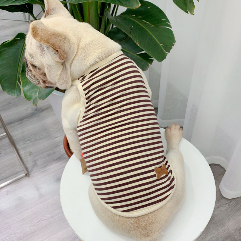 Chien portant un vêtement d'été personnalisé en coton doux, rayures marron et crème, assis sur une table.