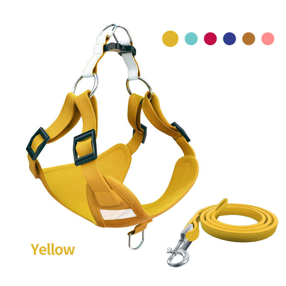 Gilet chien jaune avec harnais réfléchissant et laisse assortie, idéal pour promenades en toute sécurité.