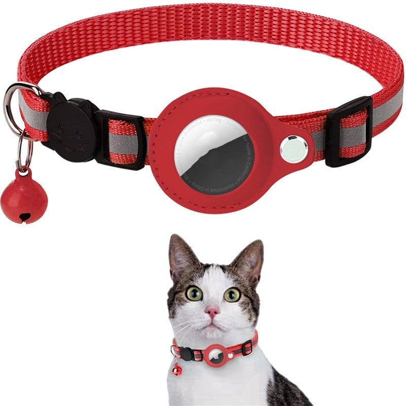 Collier pour animaux avec cloche et AirTag réfléchissant en rouge, modèle pour chat.