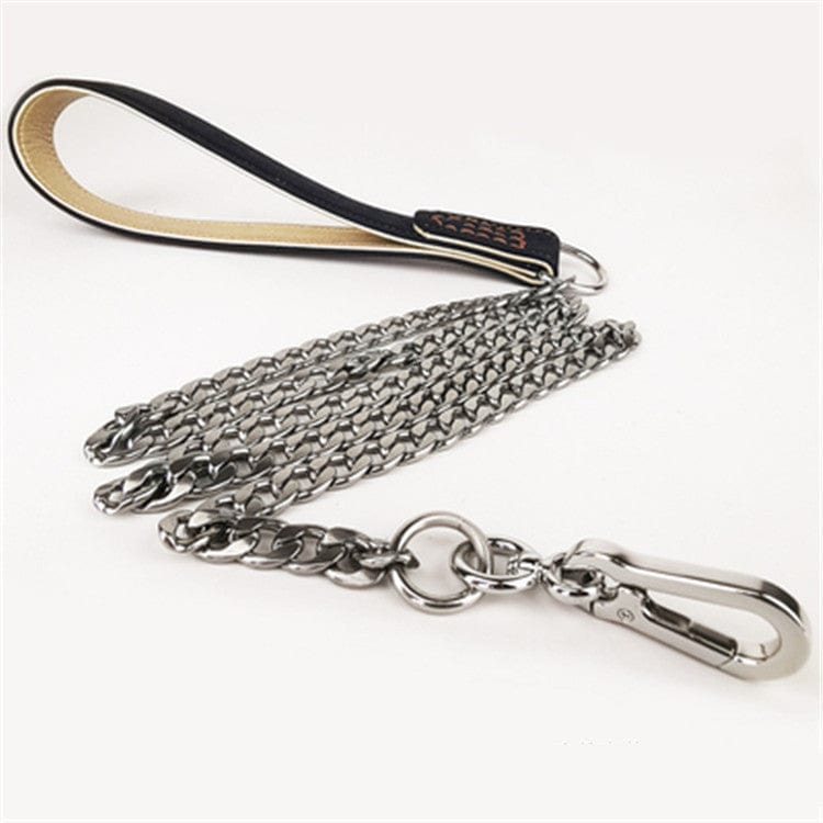 Laisse pour chien en acier inoxydable avec poignée en cuir, robuste et durable pour un bon contrôle.