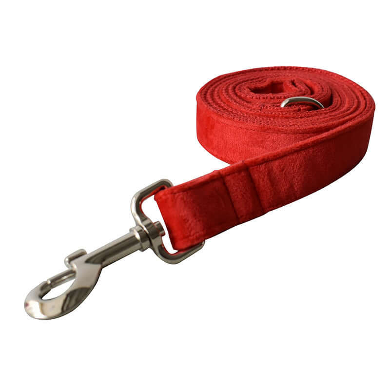 Laisse pour chien en velours rouge avec mousqueton en métal pour un style élégant et une durabilité optimale.