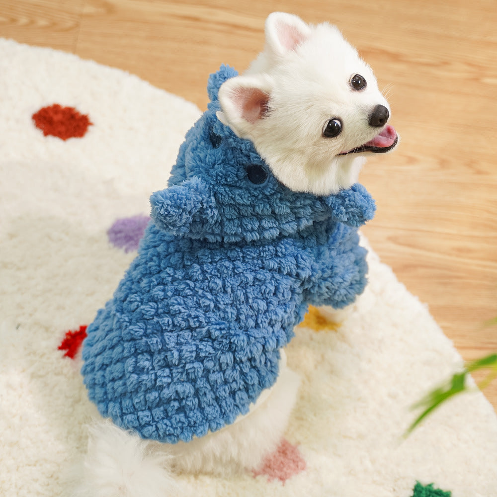 Chien mignon en vêtement en peluche bleu, modèle requin, sur tapis coloré, affichant confort et style.