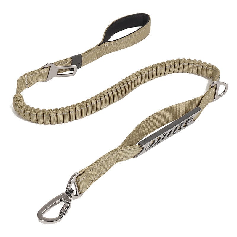 Ceinture de traction rétractable en nylon, couleur khaki, idéale pour promenades avec animaux, offre contrôle et liberté.