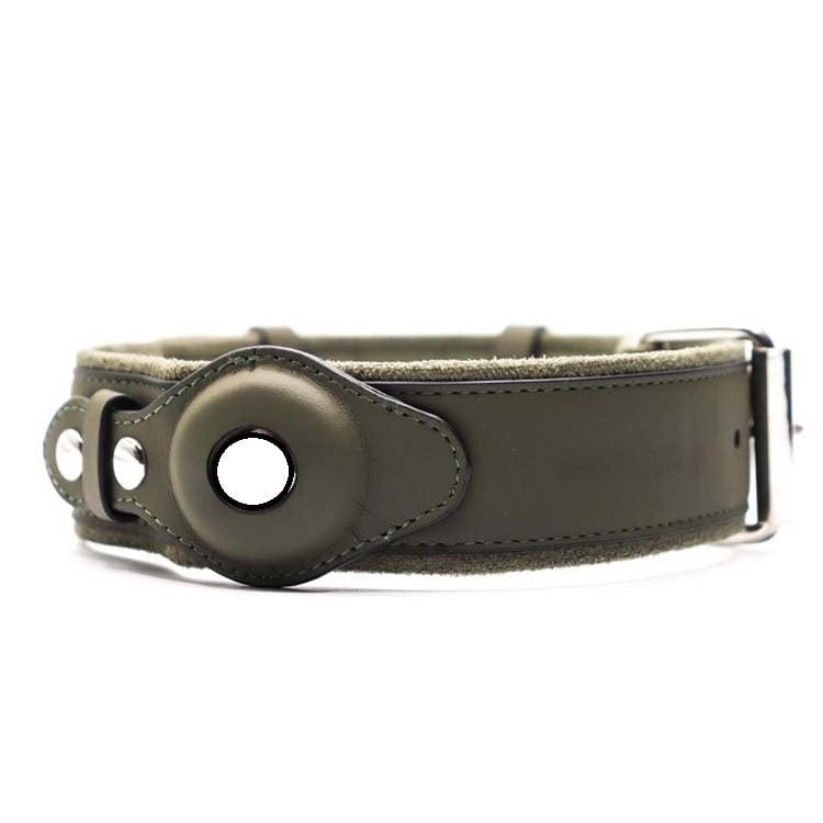 Collier en cuir pour chien avec localisateur GPS, couleur olive, alliant confort et sécurité pour animaux.