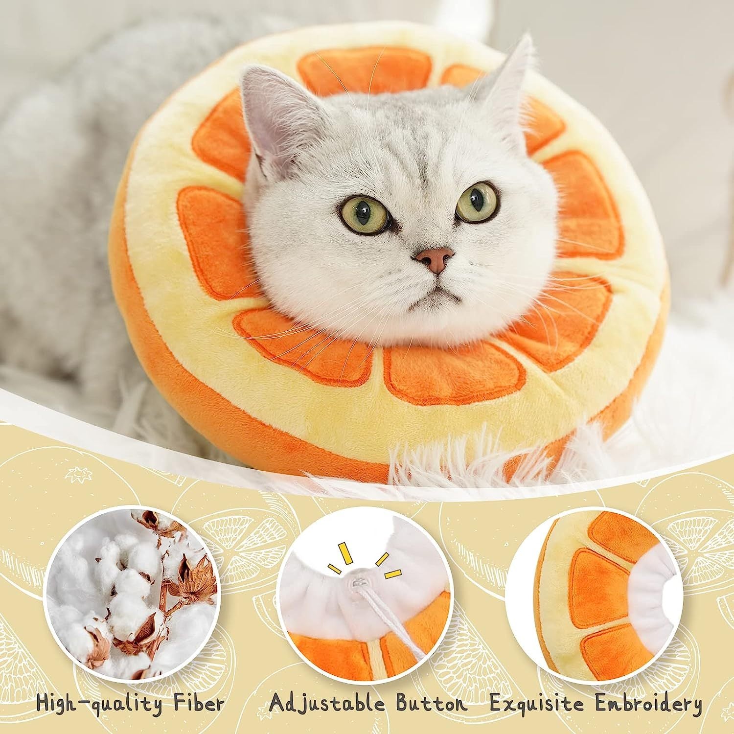 Chat portant un collier de récupération en forme d'orange, confortable et ajustable, en tissu de haute qualité.