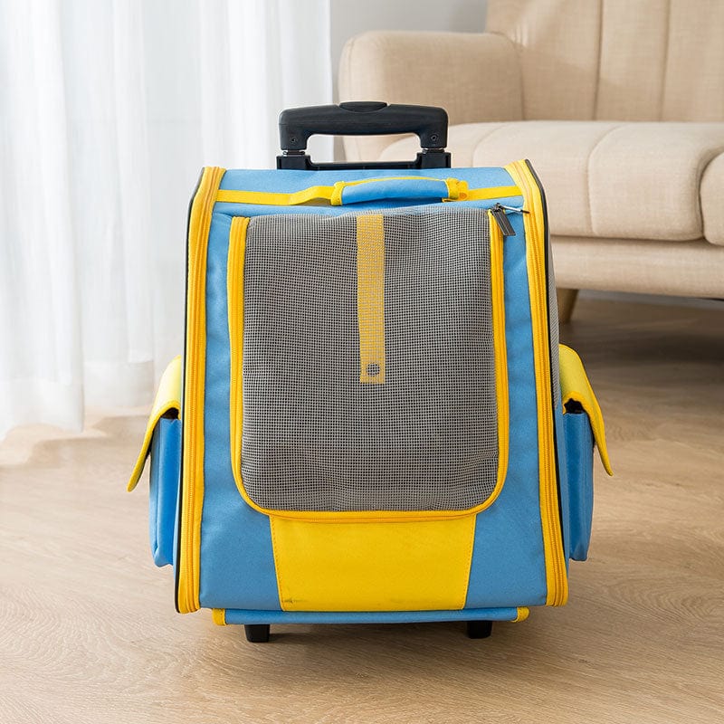 Sac à Dos Trolley Portable pour Chat bleu et jaune avec roulettes et poche en filet, idéal pour le transport d'animaux.