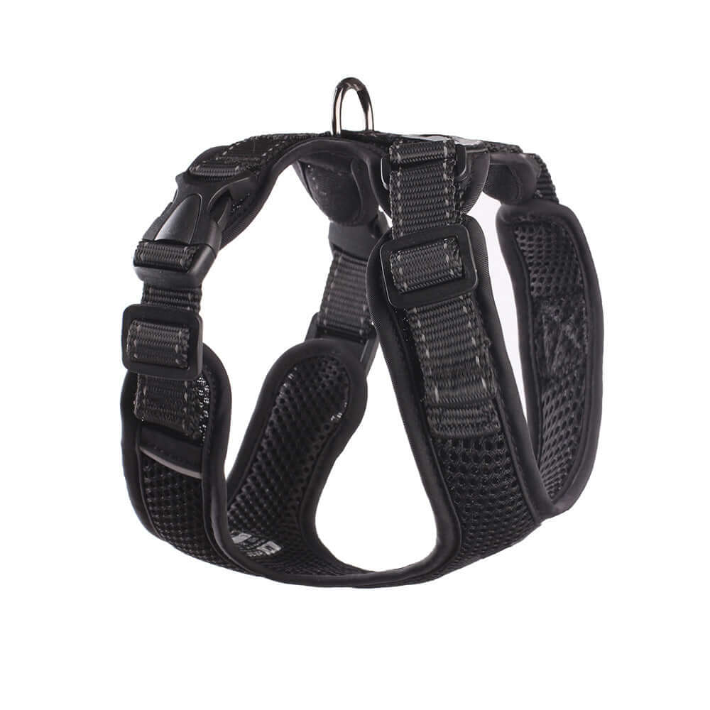 Harnais pour chien en maille noire, réfléchissant et respirant pour confort et sécurité lors des promenades.