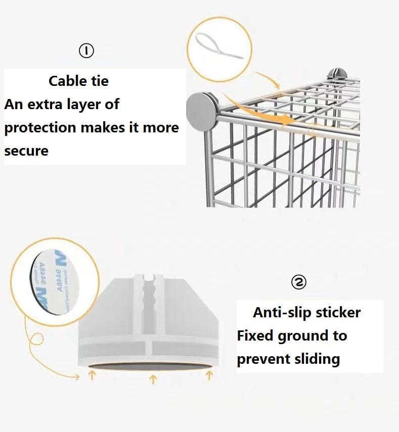 Features of a dog cage showing cable tie for security and anti-slip sticker to prevent sliding.
