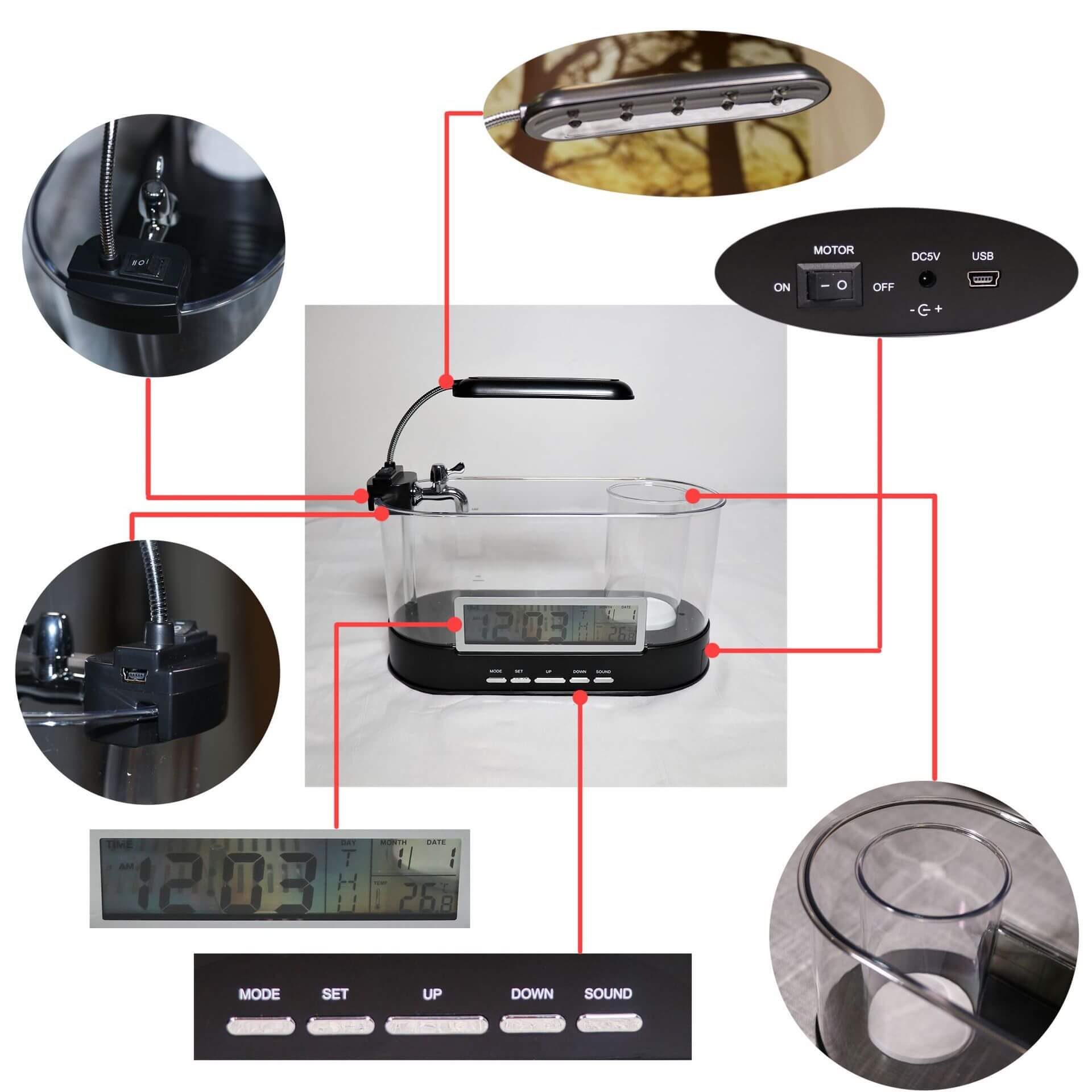 Mini aquarium USB avec fonction horloge, alarme et thermomètre, idéal pour bureau et décoration intérieure.