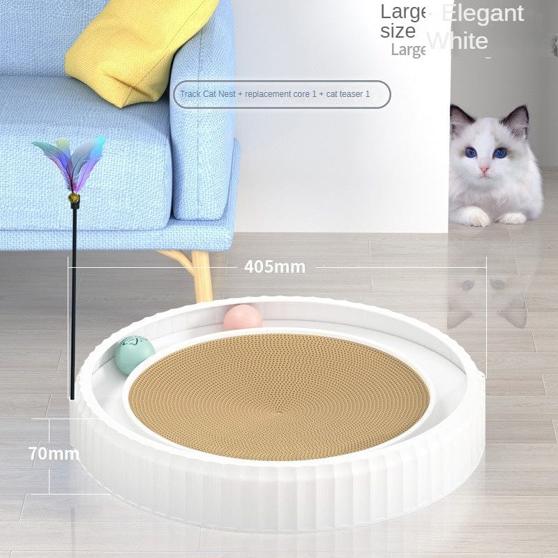 Planche à gratter ronde pour chat avec jouets, coussins et décor élégant, protégeant les meubles.