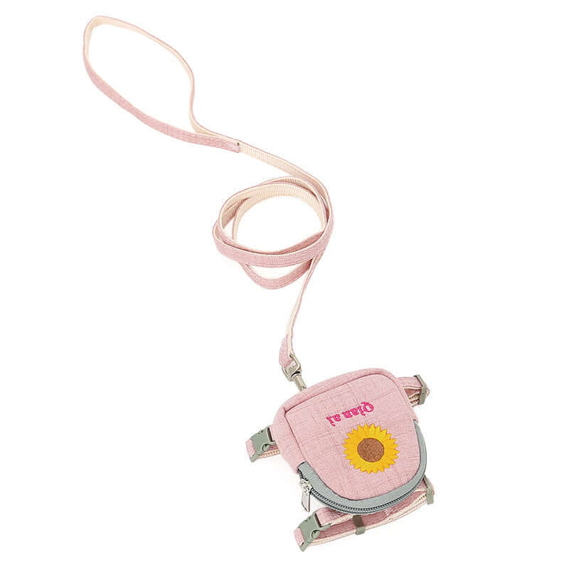 Harnais de traction rose pour chien et chat avec une laisse attachée, décoré d'un motif de tournesol.