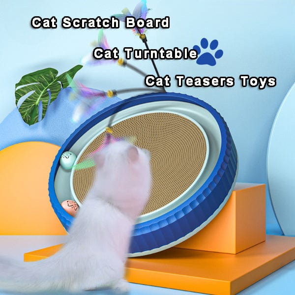 Cat scratch board and turntable with teasers, offering playful environment for cats.