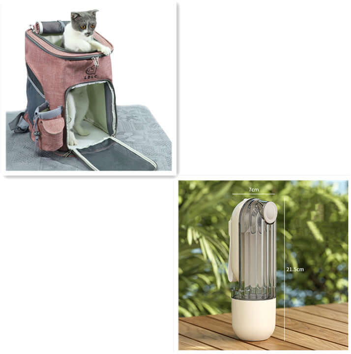 Gobelet d'eau pour animaux 2 en 1 avec un chat dans un sac de transport, conçu pour l'hydratation lors des promenades.