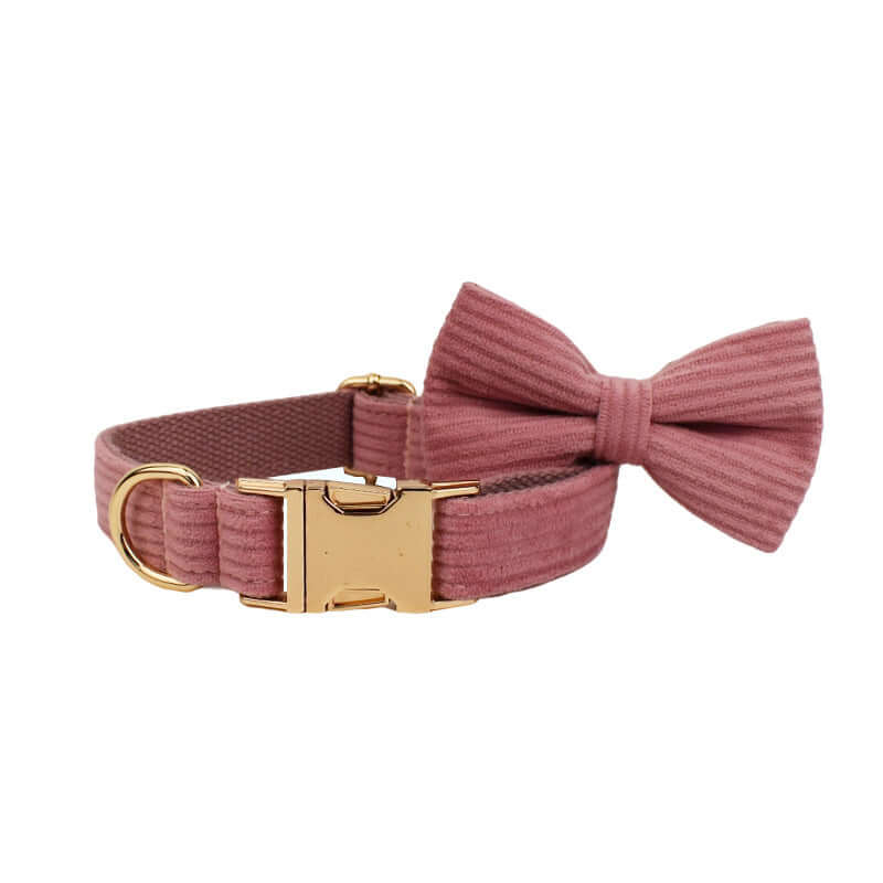 Collier en velours côtelé rose avec nœud pour chien, accessoires élégants pour promenades.