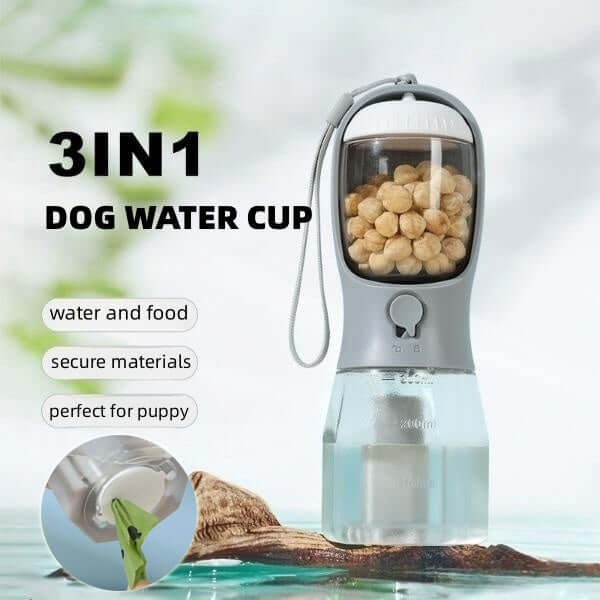 Gobelet d'eau portable 3-en-1 pour animaux avec compartiment pour nourriture et sacs à déchets.