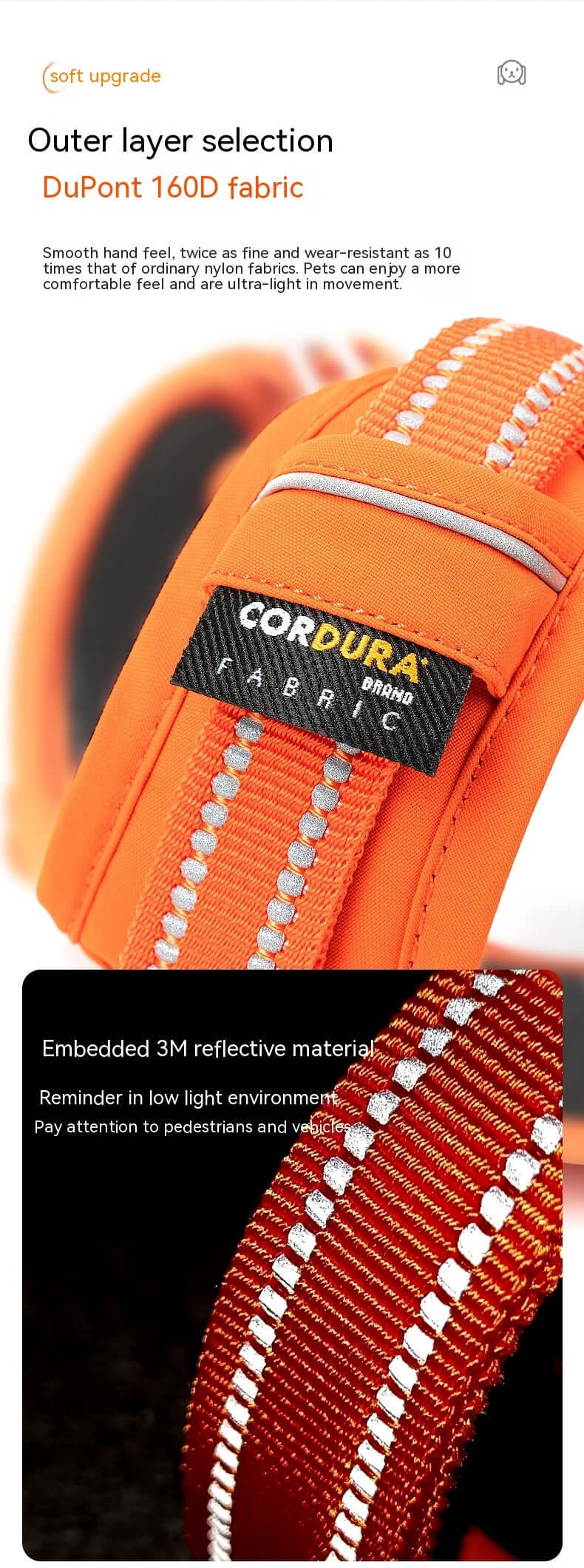 Harnais pour chien en tissu Cordura orange avec matériau réfléchissant 3M, idéal pour la sécurité nocturne.