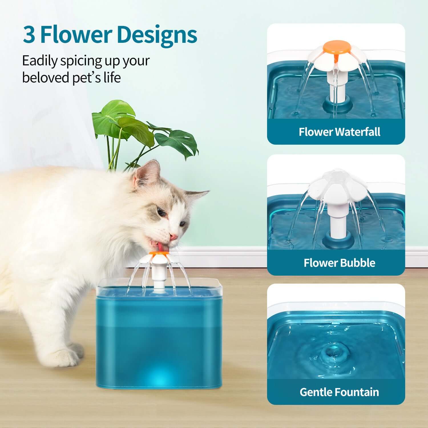 Distributeur d'eau automatique pour chats avec 3 designs de fleur, offrant une hydratation agréable et attrayante.