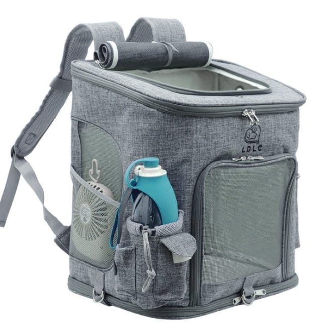 Sac à dos transparent pour chat avec filets, poches et poignée, idéal pour transporter votre animal confortablement.