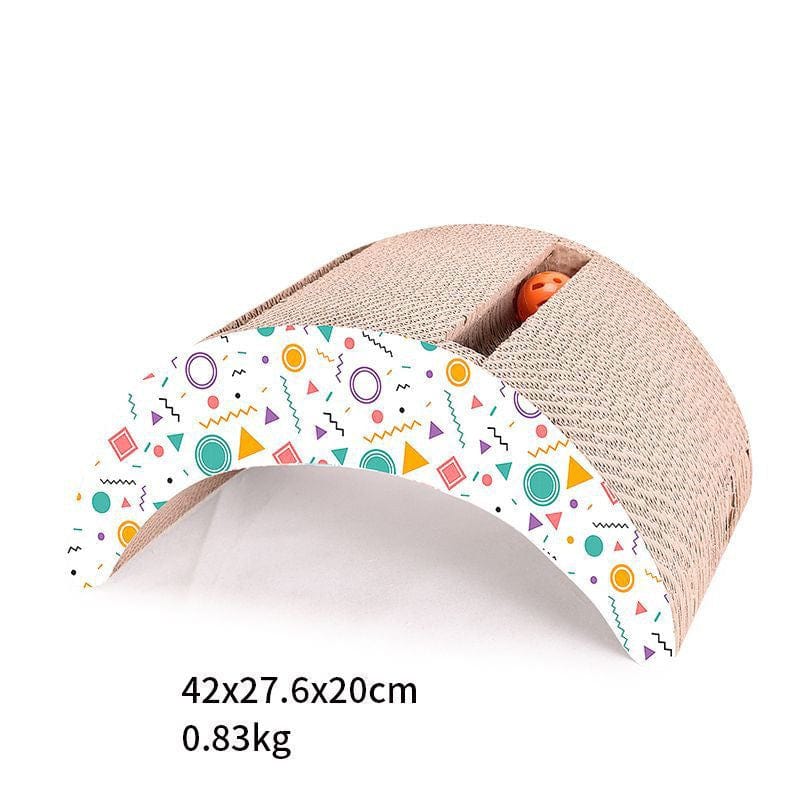 Griffoir en carton pour chats, durable et respectueux de l'environnement, avec motifs colorés et espace de jeu.