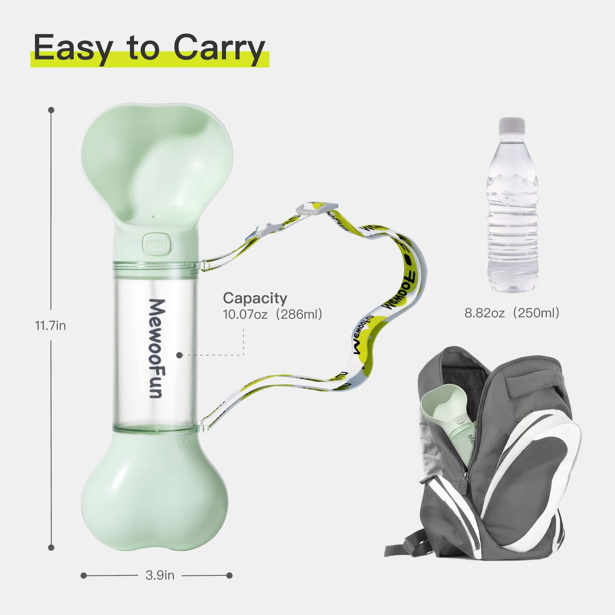 Mewoofun 2 en 1 bouteille d'eau pour chien, design os, facile à transporter, avec compartiment pour sac à crottes.