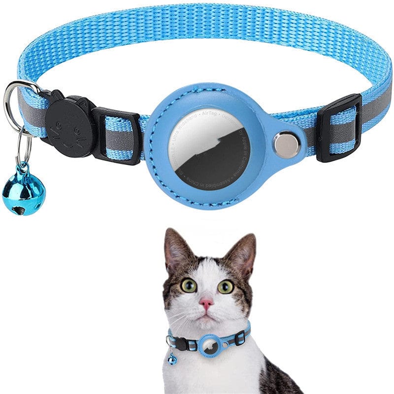 Collier réfléchissant bleu en nylon pour chat avec cloche et protection Airtag, idéal pour assurer la sécurité des animaux.