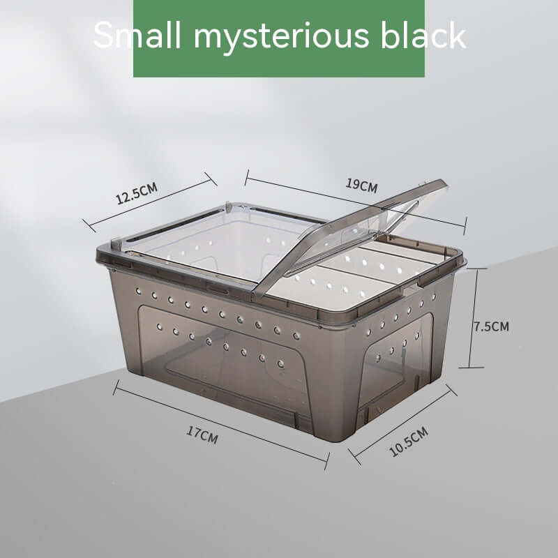 Boîte de nourriture en verre pour tortue, de taille petite, couleur noire mystérieuse, avec couvercle et ventilation.