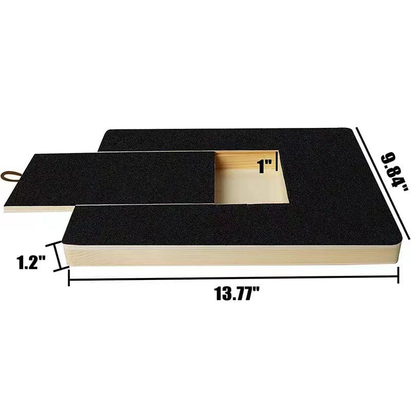 Planche à ongles en bois pour chien avec dimensions, surface en papier de verre noir et design moderne.