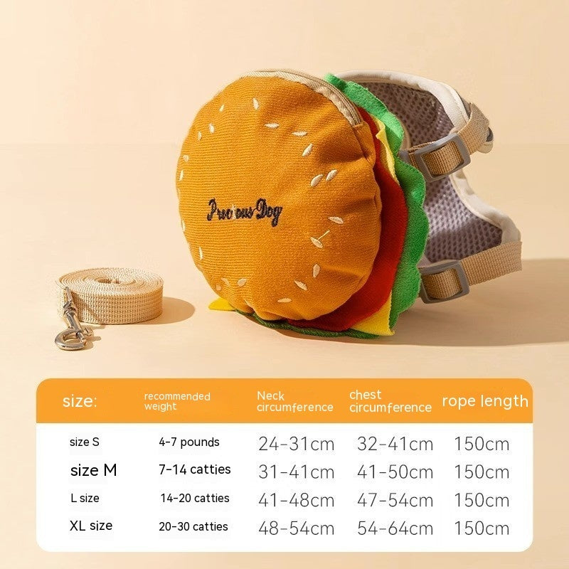 Sac à dos pour chien en forme de burger avec corde de traction et guide des tailles.