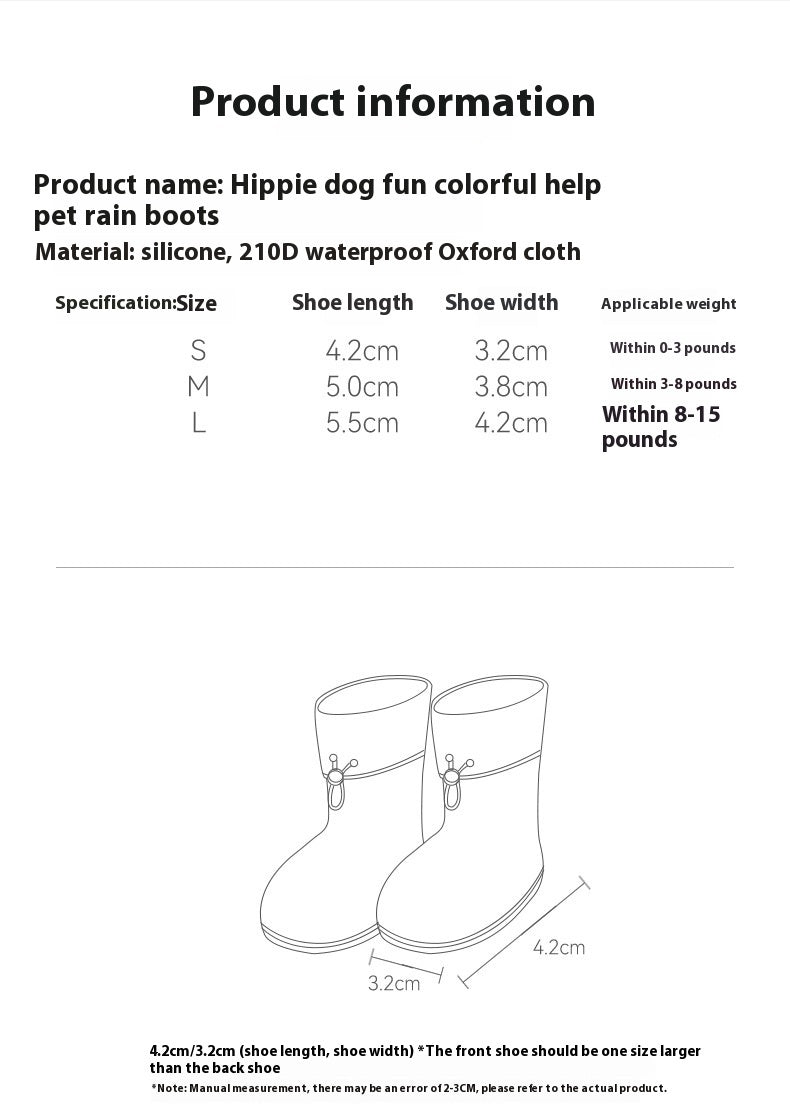 Hippie dog colorful rain boots for pets in waterproof Oxford cloth, sizes S, M, L with shoe dimensions.