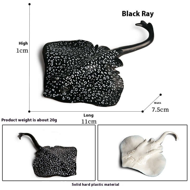 Modèle de rayons noir en plastique, jouet cognitif marin éducatif, 11 cm de long et 7,5 cm de large.