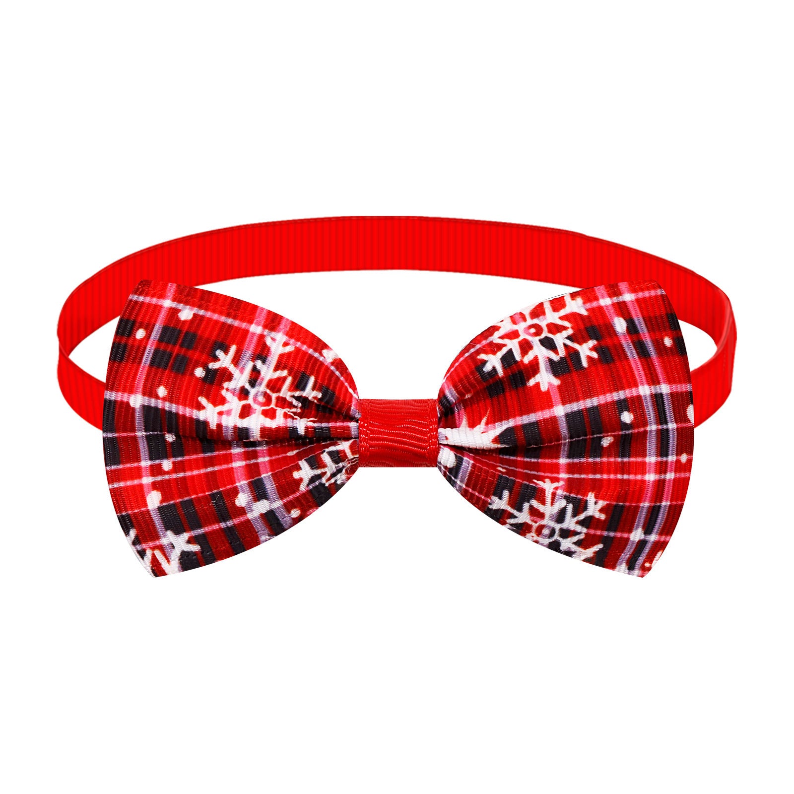Nœud papillon à rayures plaid de Noël pour chien et chat, décoré de flocons de neige et bande rouge.