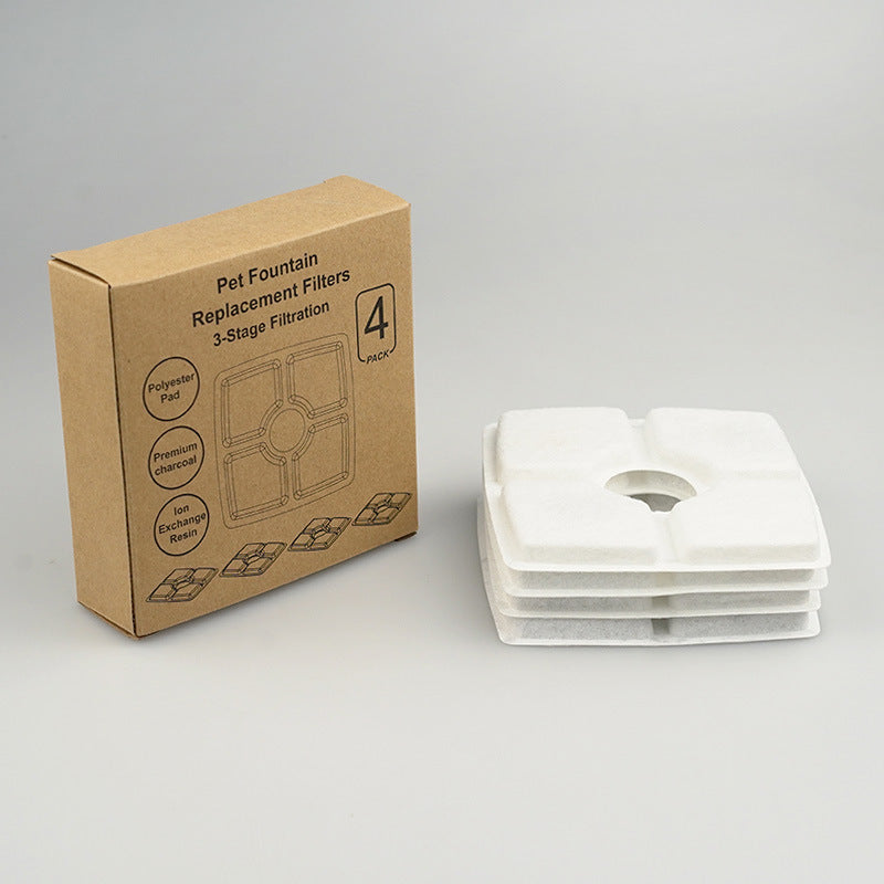 Pet fountain replacement filters in packaging, featuring 4 pieces and 3-stage filtration system.