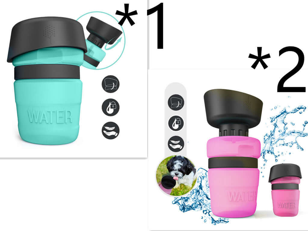 Bouteille d'eau pétillante pour animaux, en silicone durable, disponible en bleu ciel et rose.