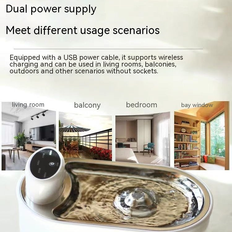 Distributeur d'eau intelligent sans fil en acier inoxydable, adapté à divers environnements comme salon, balcon et chambre.