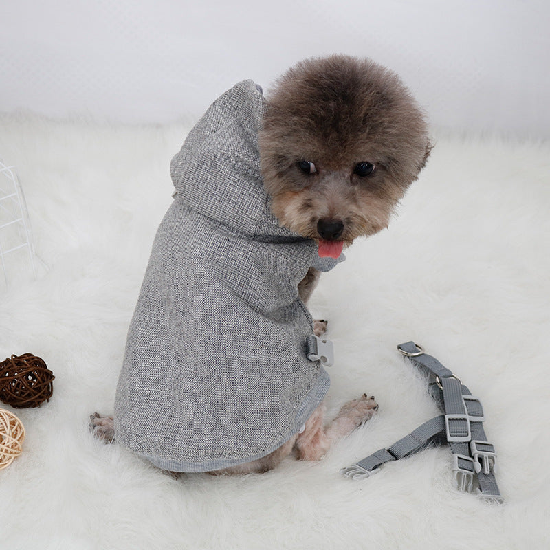 Chien dans un sweatshirt épais gris avec capuche, confort chaud, accessoires pour animaux, style décontracté.