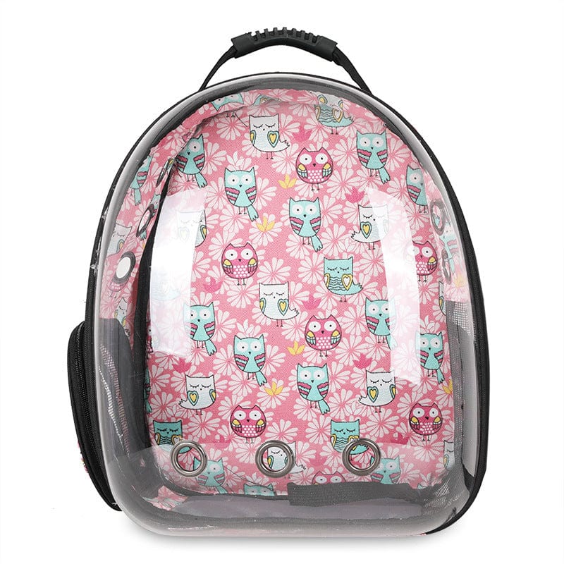 Sac à dos transparent pour animaux avec motif de hiboux, idéal pour le confort et la visibilité de votre animal.