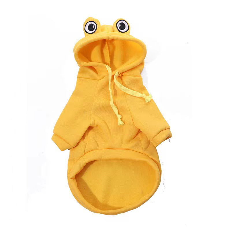 Sweater Fleece pour chien jaune avec capuche et yeux de grenouille, vêtement amusant pour animaux.