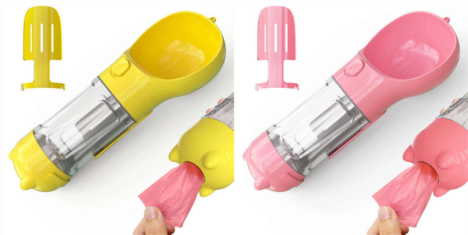 Bouteille d'eau portable 3 en 1 pour animaux, jaune et rose, avec compartiment et accessoire inclus.