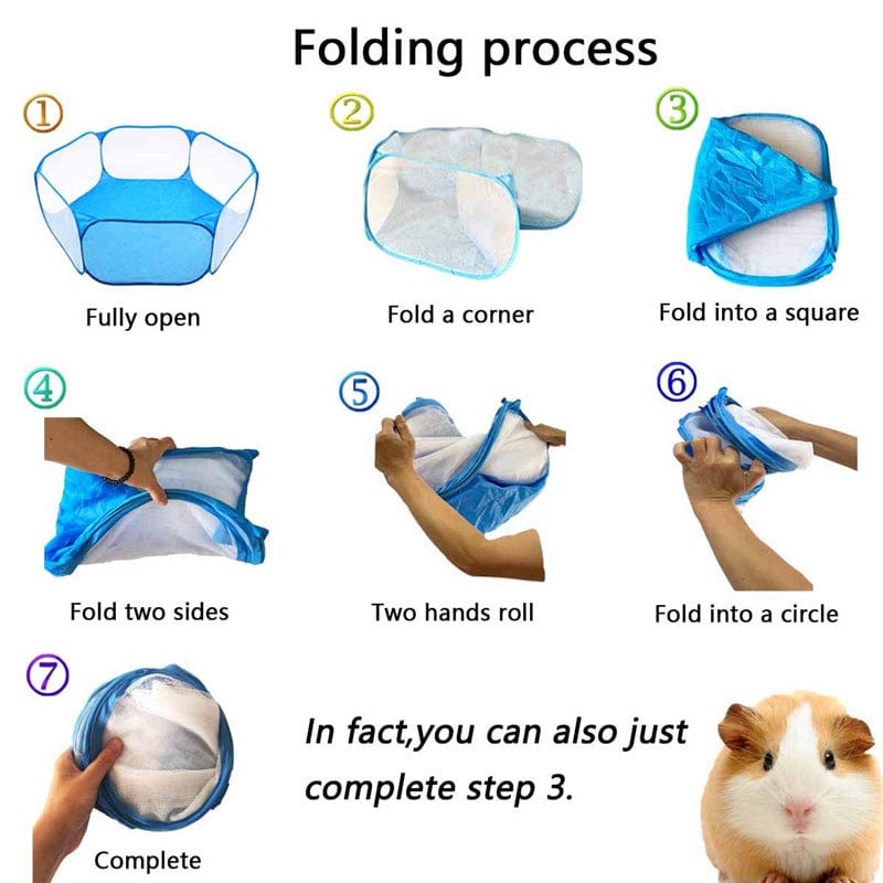 Step-by-step folding process for portable pet playpen, showcasing ease of setup and compact storage.