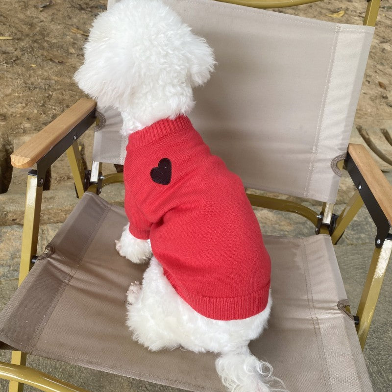 Chien avec pull en laine rouge, logo en cœur, assis sur une chaise en plein air.