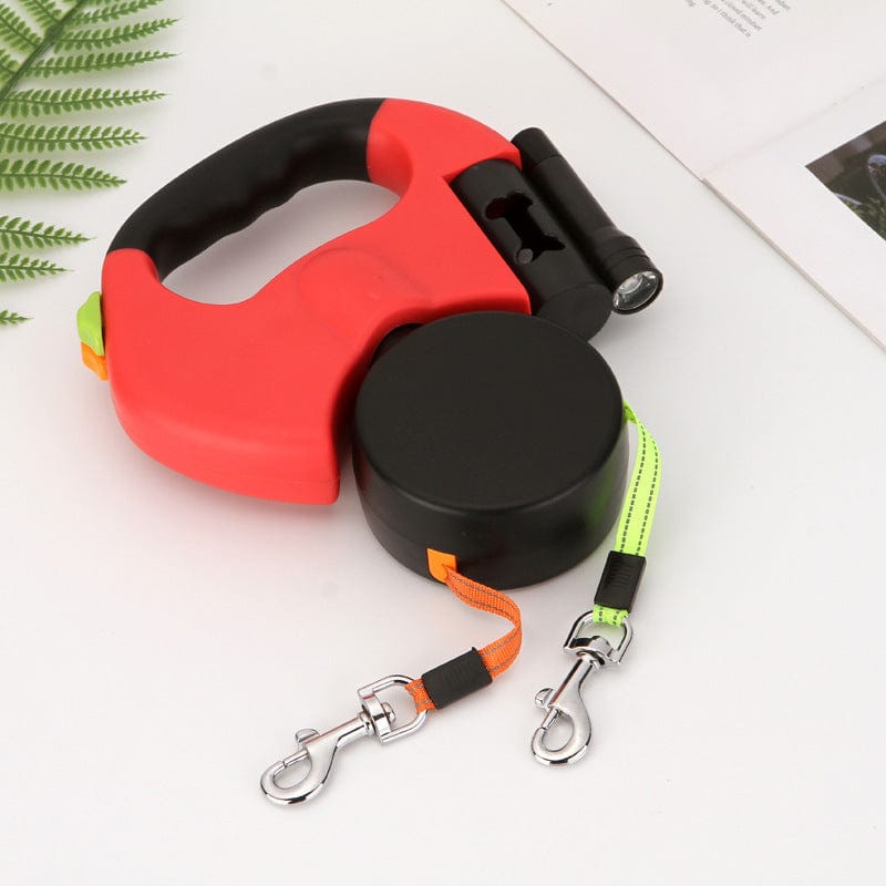 Laisse à chiens double tête multicolore en nylon, poignée ergonomique et lampe intégrée, idéale pour vos promenades.